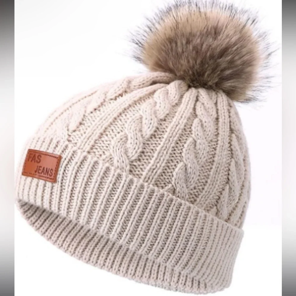 Beige NIP 3 Piece Winter Beanie Pom Pom Hat Neck Warmer Gloves Knit Fleece Lined